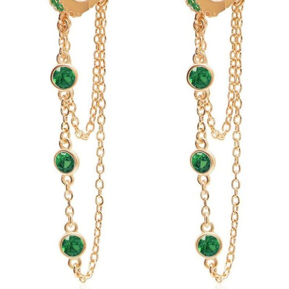 GABI RIELLE 14K Gold-Plated Sterling Emerald Crystal Dangle Pave Huggie Earrings - Picture 2 of 13